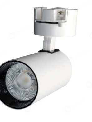 Spot LED 10W branco para trilho 2 em 1 com LED integrado, luz quente 3000K, 800 lúmens e facho direcionado de 24 graus para iluminação de destaque.