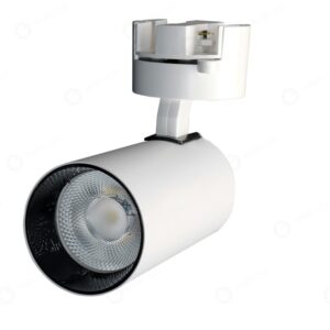Spot LED 10W branco para trilho 2 em 1 com LED integrado, luz quente 3000K, 800 lúmens e facho direcionado de 24 graus para iluminação de destaque.