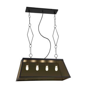 Pendente Colonial Retangular Moder em alumínio e vidro com acabamento em pintura eletrostática, soquete E27, estrutura retangular decorativa, iluminação elegante para salas de jantar e áreas gourmet.