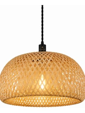 Pendente Glooria Natural em madeira e fibra de bambu com soquete E27 e design decorativo para salas e áreas gourmet