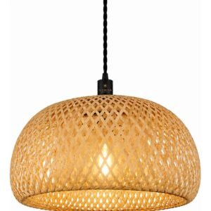 Pendente Glooria Natural em madeira e fibra de bambu com soquete E27 e design decorativo para salas e áreas gourmet