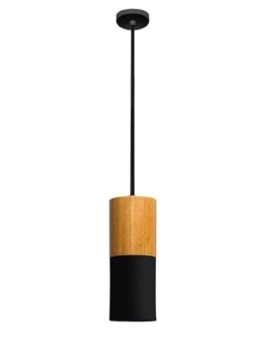 Pendente Tub Reto LED PAR20 preto em alumínio e madeira com acabamento eletrostático.