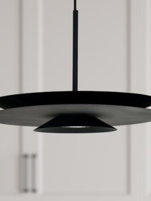 Pendente Tutu IX em alumínio com acabamento preto, soquete GU10 para lâmpada PAR16 e design moderno dimerizável.